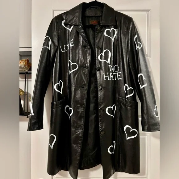 Danier Black Leather Jacket with White Heart Motifs - Picture 2 of 8